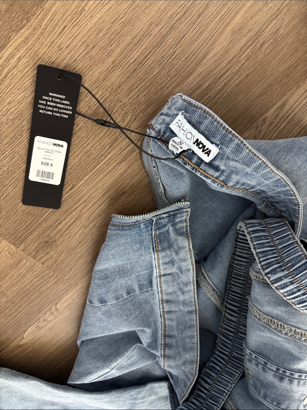 Fashion Nova Light Blue Denim Halter Flared Jumpsuit - Picture 5 of 5